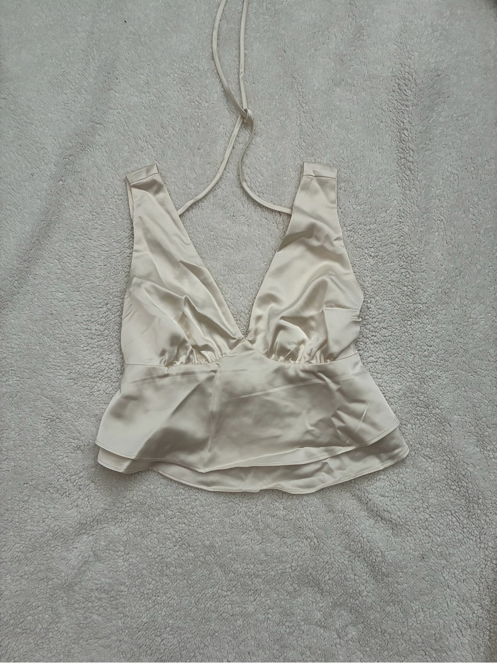 Ivory Satin Halter Peplum Crop Top